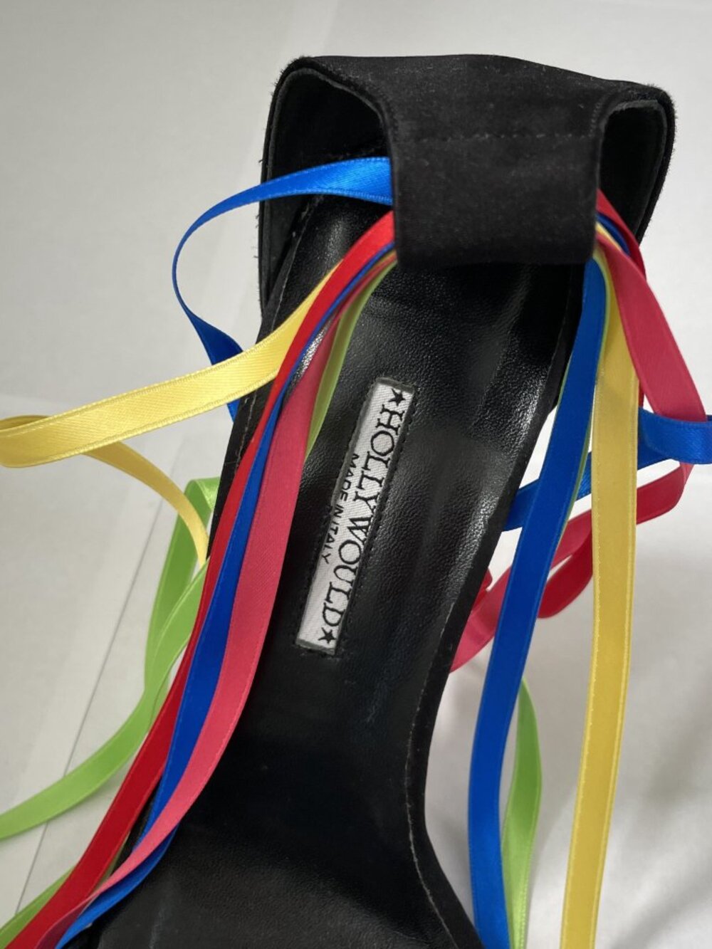 Hollywould Rainbow Ribbon Beaded Ankle Wrap Vintage Y2K Heels 8 Sandals Black - Picture 7 of 16